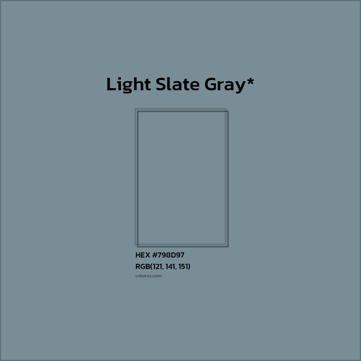 #798D97 hex color. RGB, RYB, CMYK, HSL, HSV codes and color conversions. Matching color names, palettes, paints.