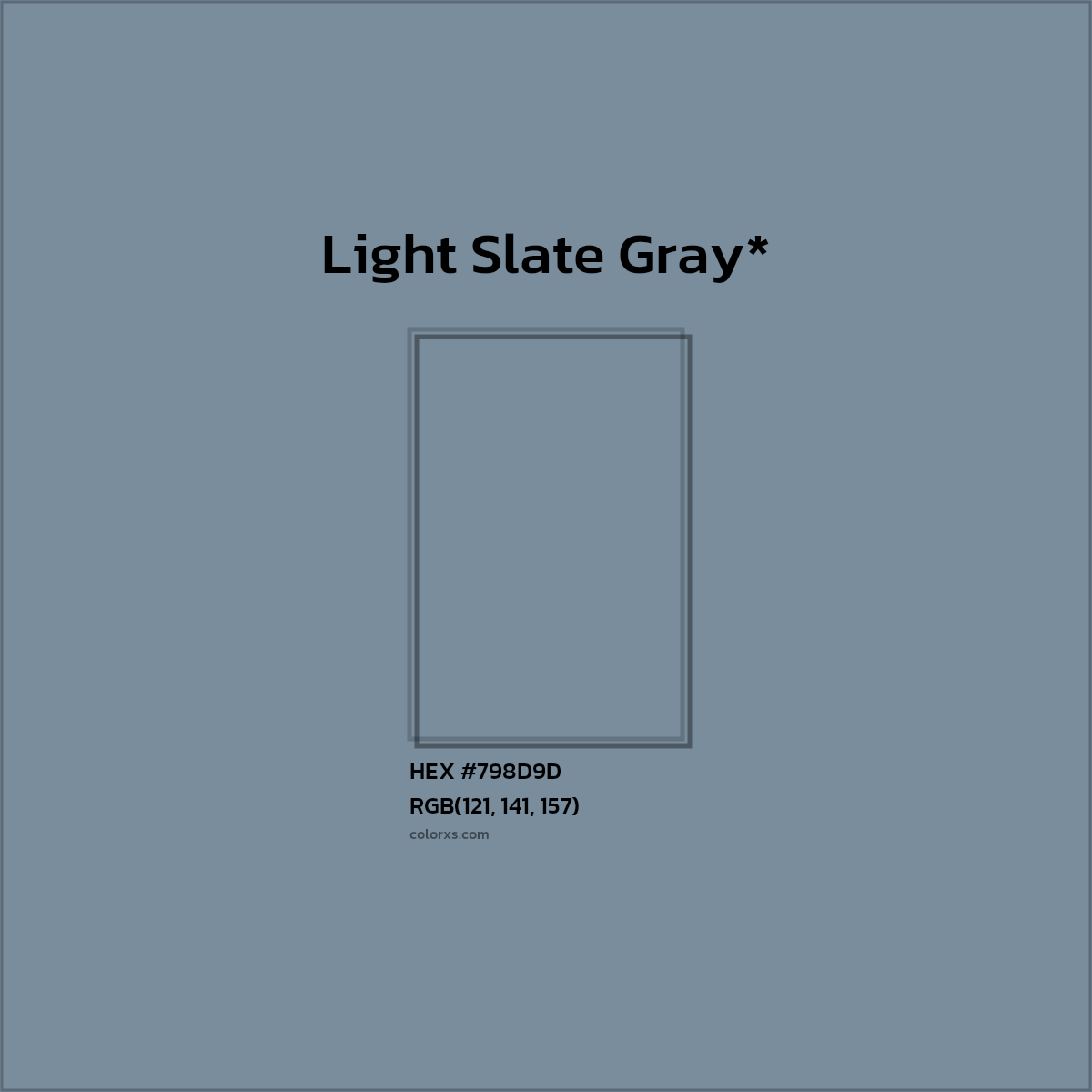#798D9D hex color. RGB, RYB, CMYK, HSL, HSV codes and color conversions. Matching color names, palettes, paints.