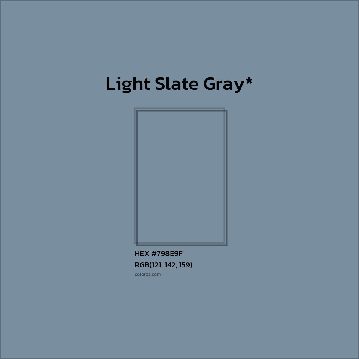 #798E9F hex color. RGB, RYB, CMYK, HSL, HSV codes and color conversions. Matching color names, palettes, paints.