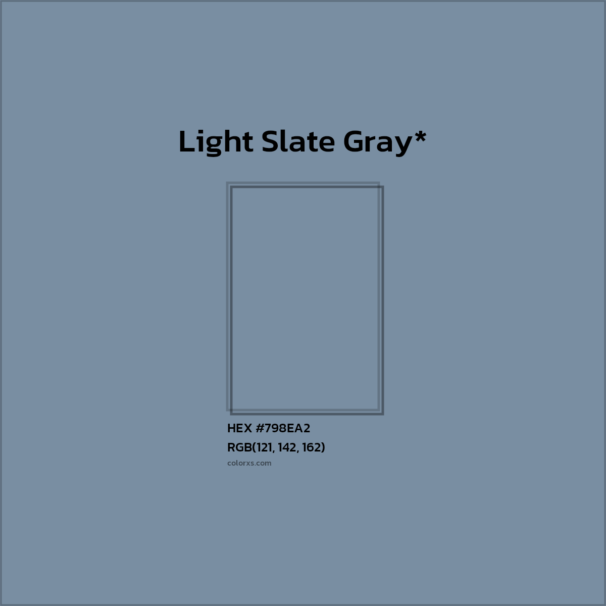 #798EA2 hex color. RGB, RYB, CMYK, HSL, HSV codes and color conversions. Matching color names, palettes, paints.