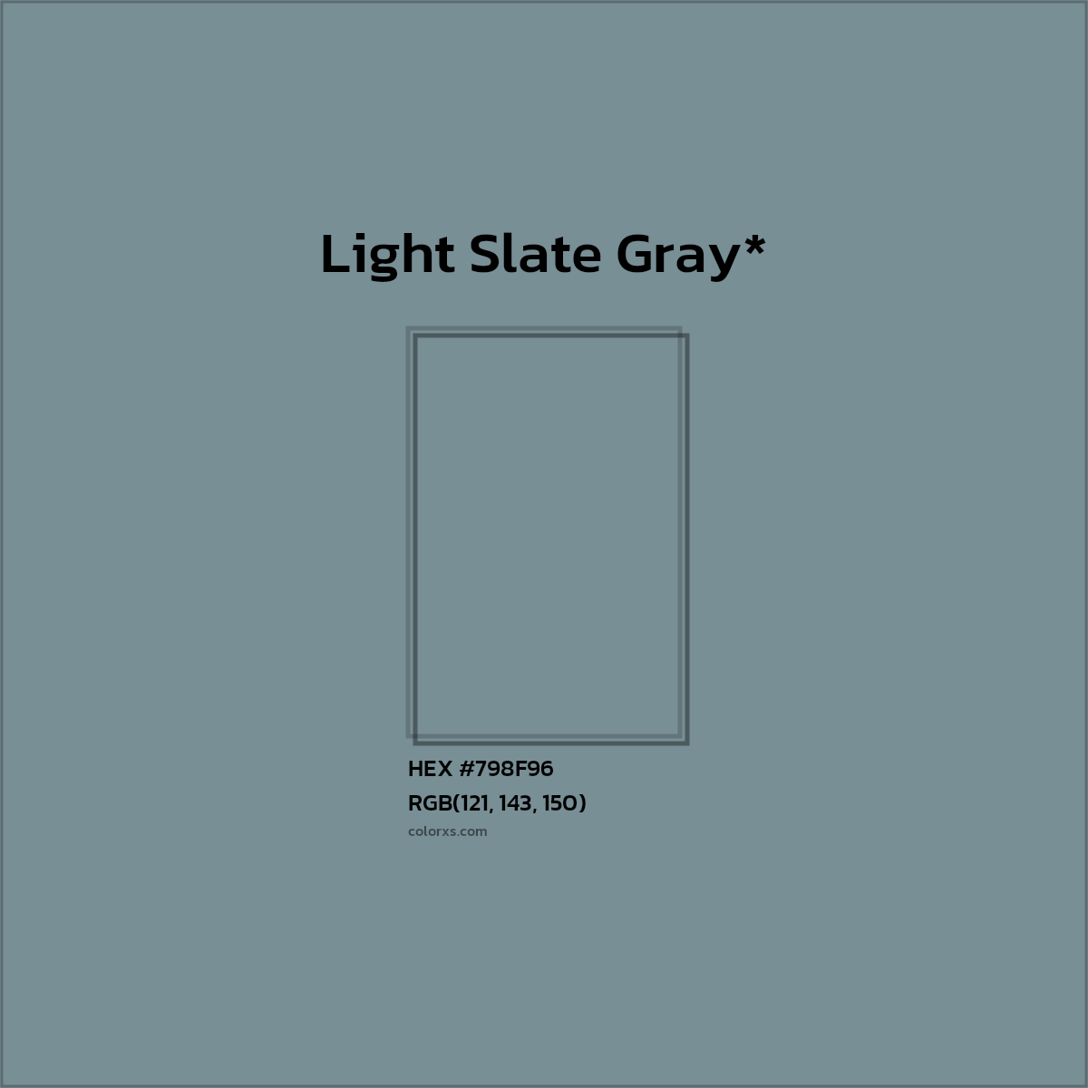 #798F96 hex color. RGB, RYB, CMYK, HSL, HSV codes and color conversions. Matching color names, palettes, paints.