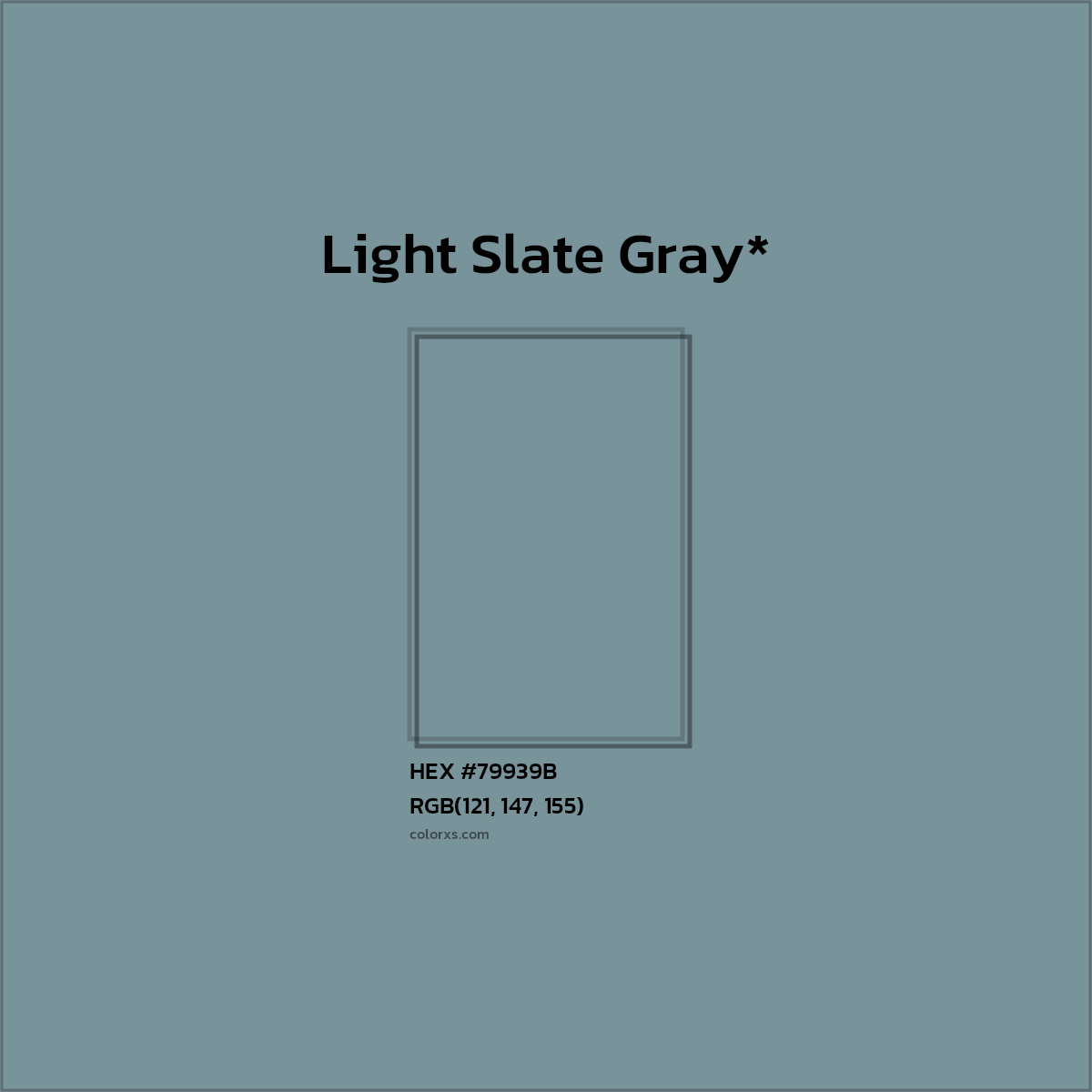 #79939B hex color. RGB, RYB, CMYK, HSL, HSV codes and color conversions. Matching color names, palettes, paints.