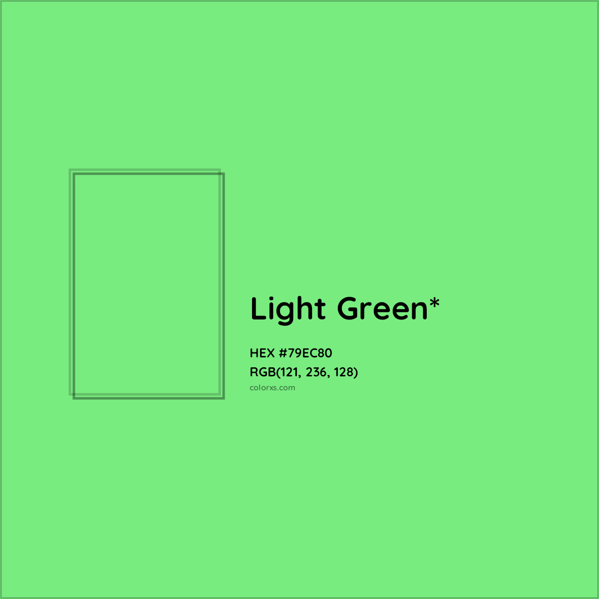#79EC80 hex color. RGB, RYB, CMYK, HSL, HSV codes and color conversions. Matching color names, palettes, paints.