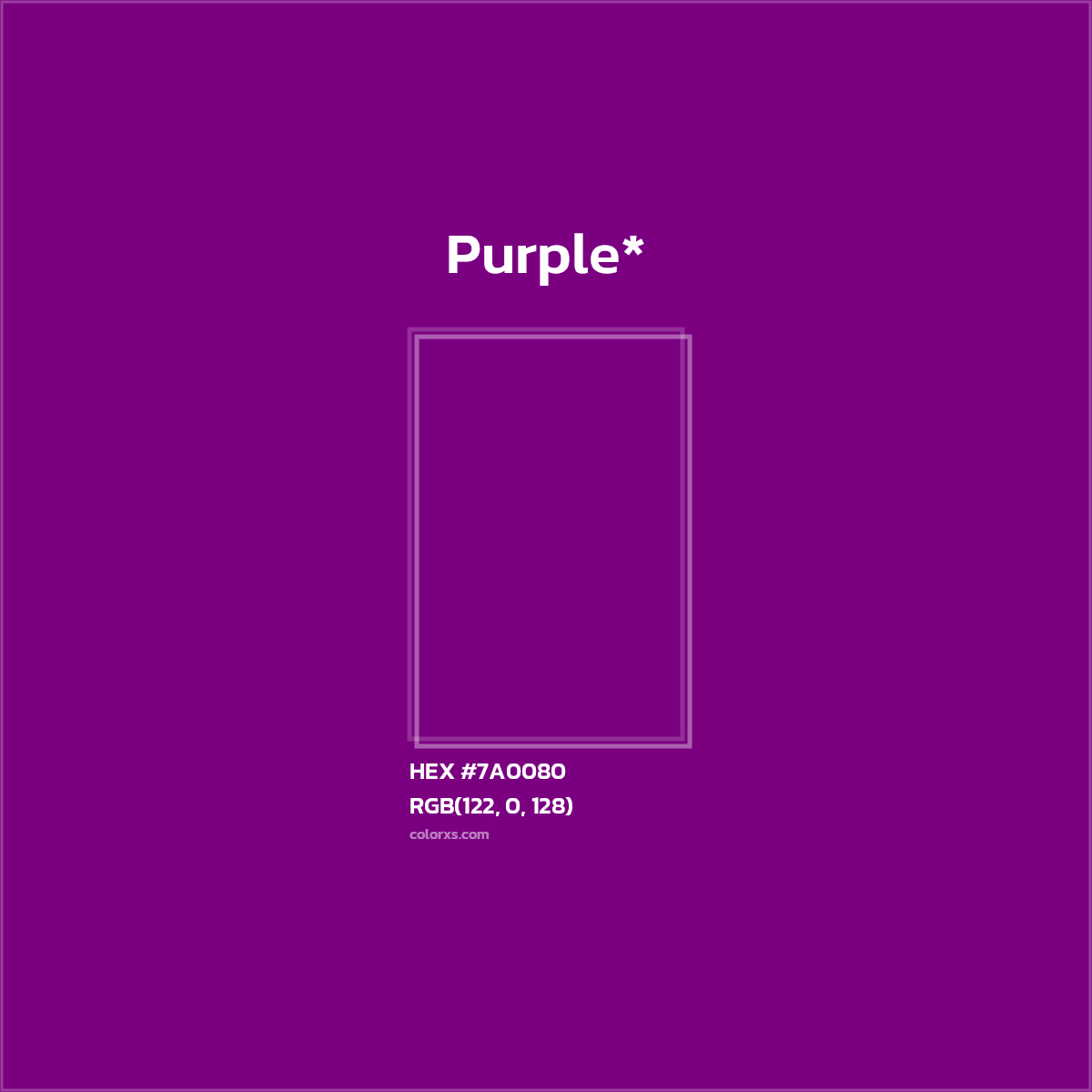 #7A0080 hex color. RGB, RYB, CMYK, HSL, HSV codes and color conversions. Matching color names, palettes, paints.