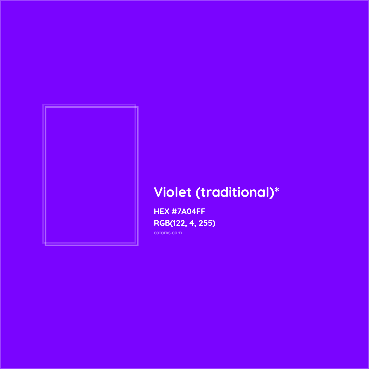 #7A04FF hex color. RGB, RYB, CMYK, HSL, HSV codes and color conversions. Matching color names, palettes, paints.