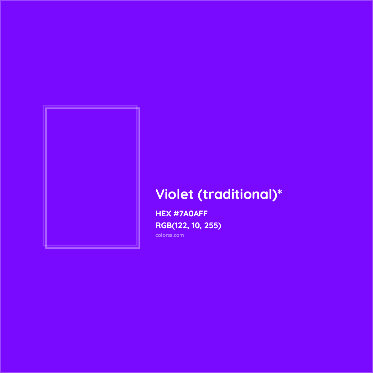 #7A0AFF hex color. RGB, RYB, CMYK, HSL, HSV codes and color conversions. Matching color names, palettes, paints.