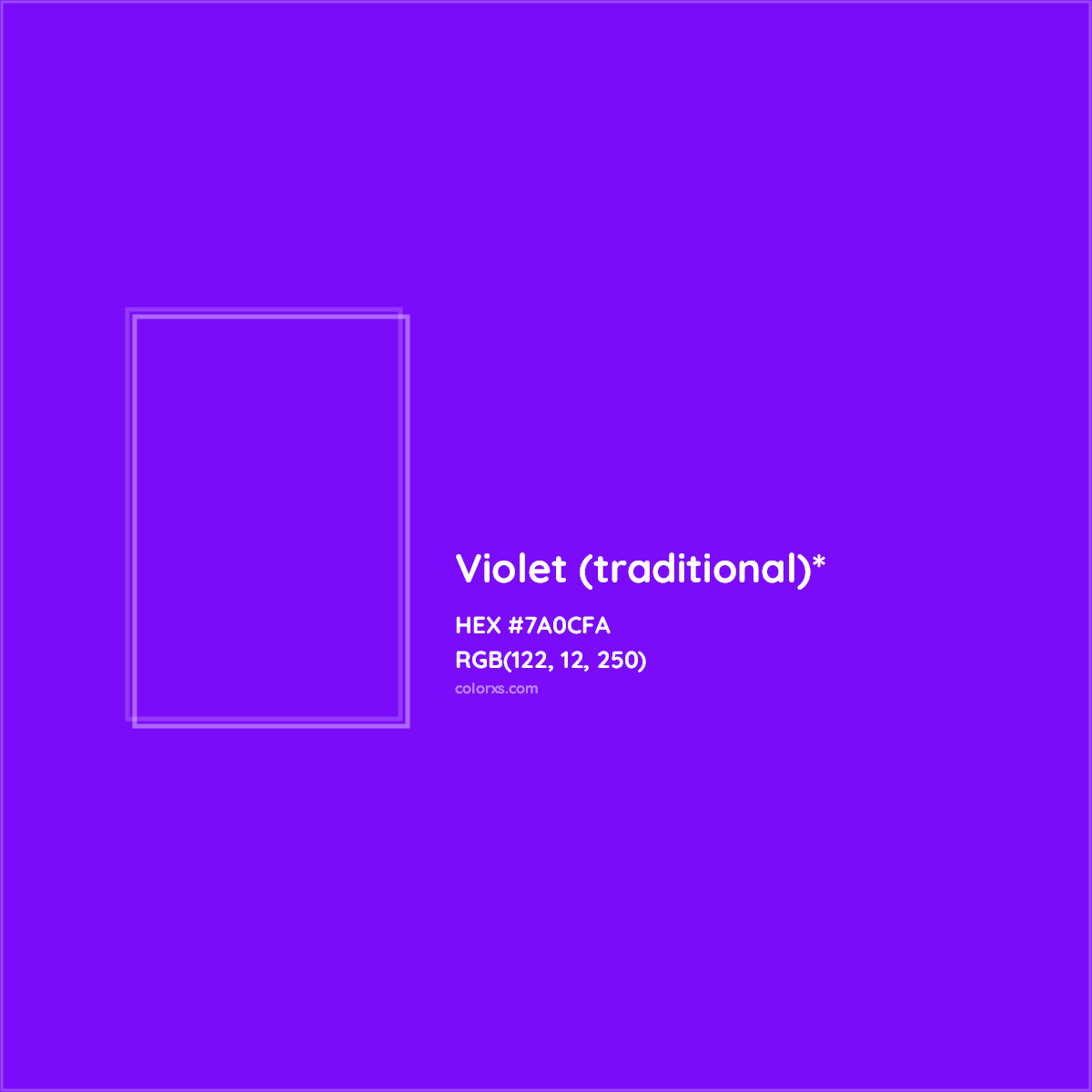 #7A0CFA hex color. RGB, RYB, CMYK, HSL, HSV codes and color conversions. Matching color names, palettes, paints.