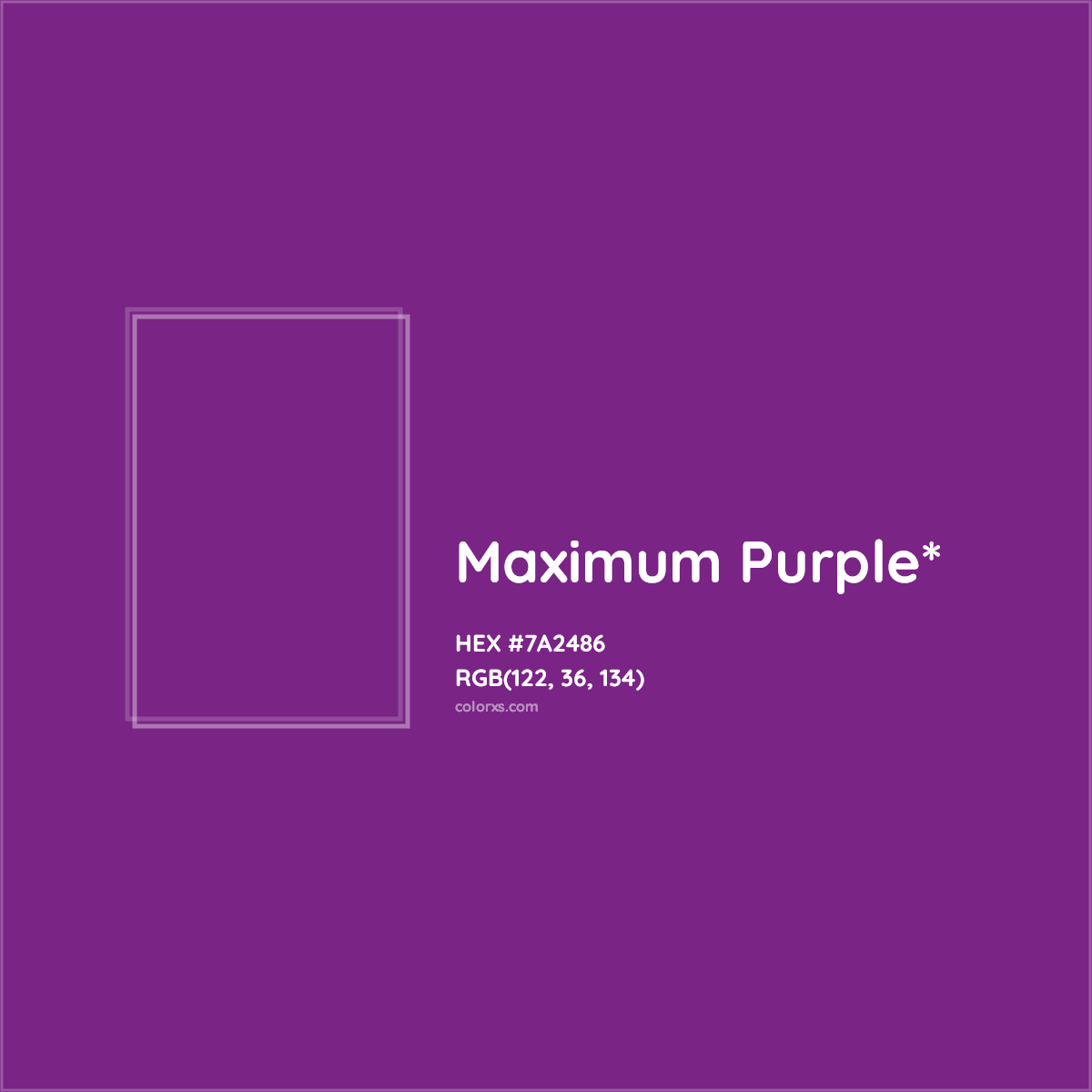 #7A2486 hex color. RGB, RYB, CMYK, HSL, HSV codes and color conversions. Matching color names, palettes, paints.