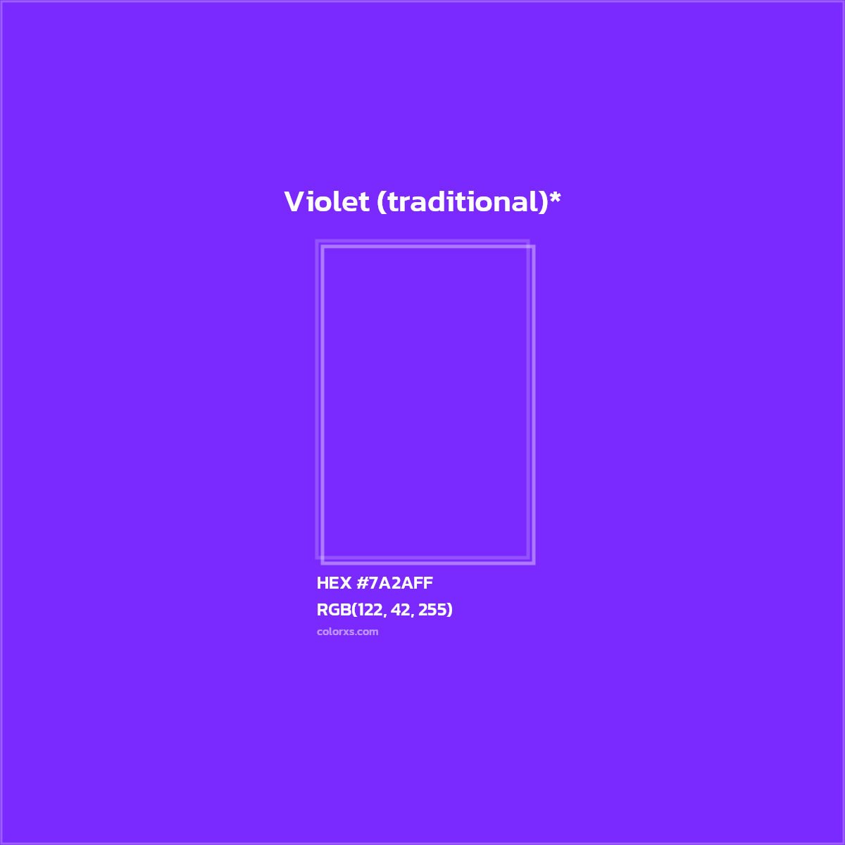 #7A2AFF hex color. RGB, RYB, CMYK, HSL, HSV codes and color conversions. Matching color names, palettes, paints.