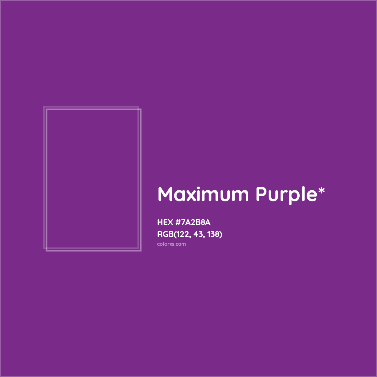 #7A2B8A hex color. RGB, RYB, CMYK, HSL, HSV codes and color conversions. Matching color names, palettes, paints.
