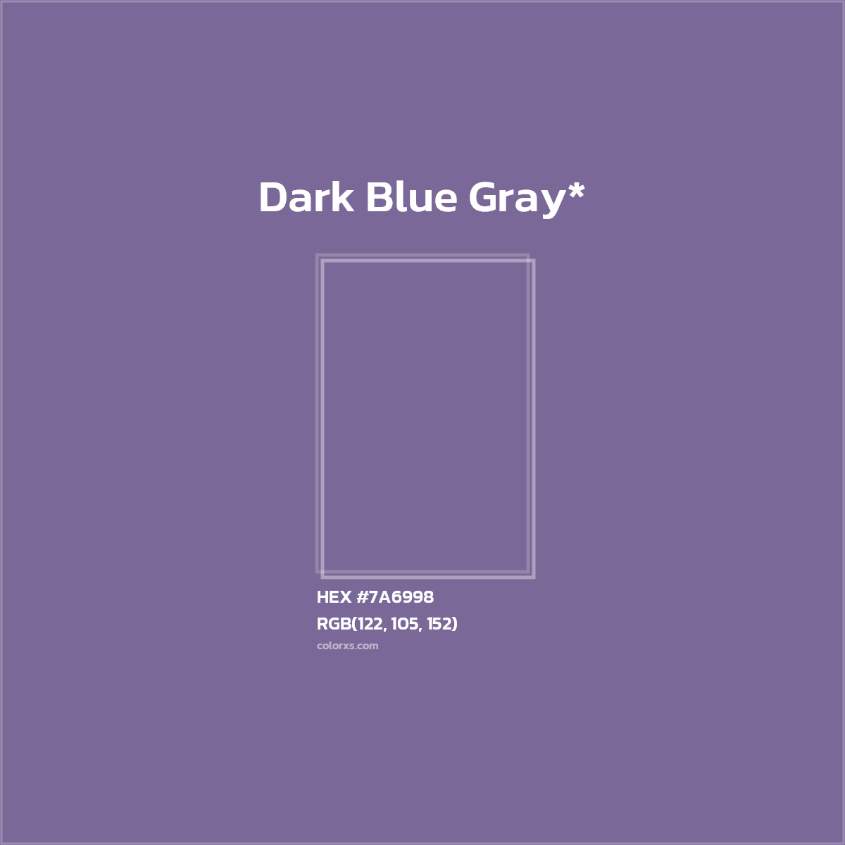#7A6998 hex color. RGB, RYB, CMYK, HSL, HSV codes and color conversions. Matching color names, palettes, paints.