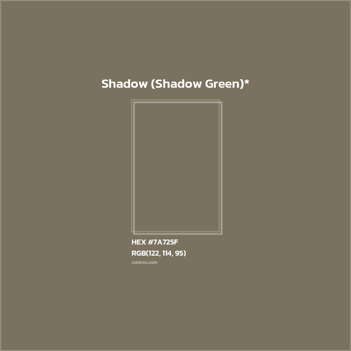 #7A725F hex color. RGB, RYB, CMYK, HSL, HSV codes and color conversions. Matching color names, palettes, paints.