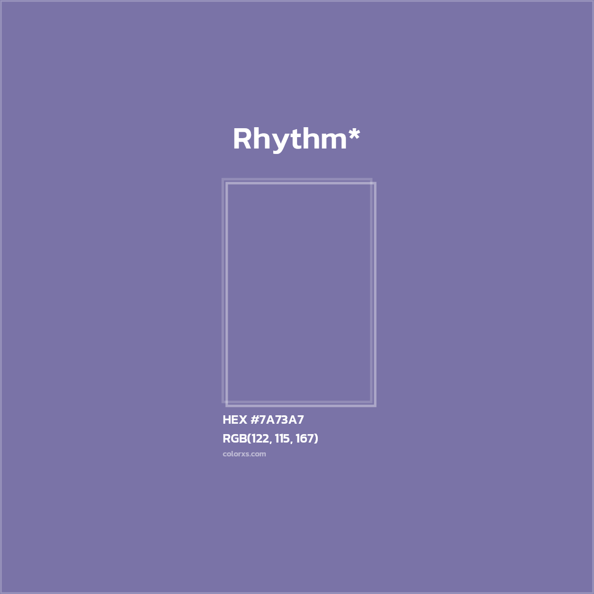 #7A73A7 hex color. RGB, RYB, CMYK, HSL, HSV codes and color conversions. Matching color names, palettes, paints.