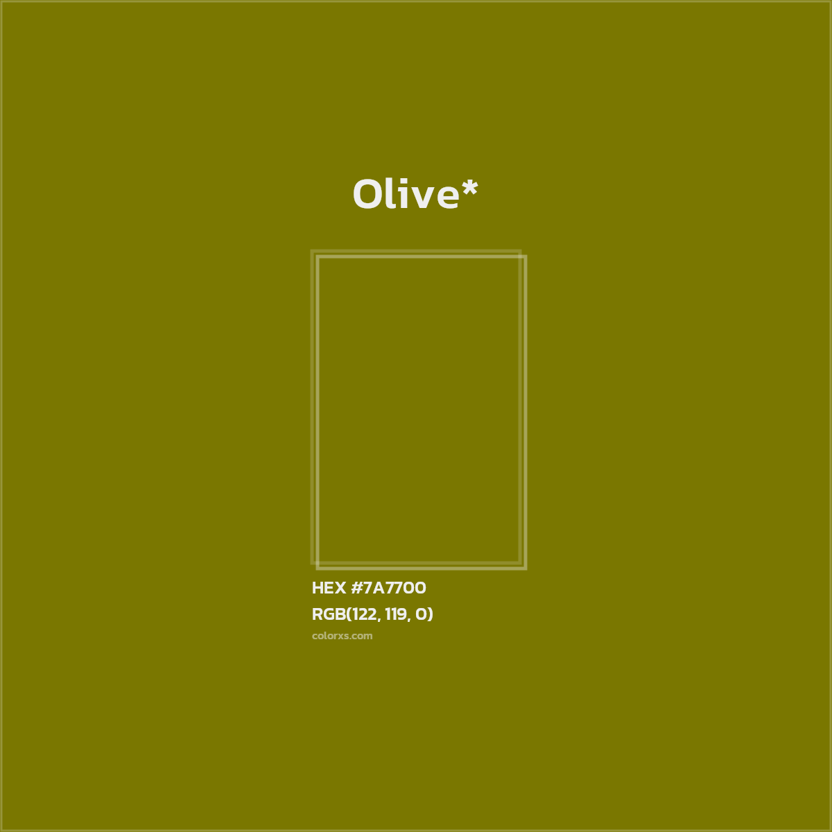 #7A7700 hex color. RGB, RYB, CMYK, HSL, HSV codes and color conversions. Matching color names, palettes, paints.