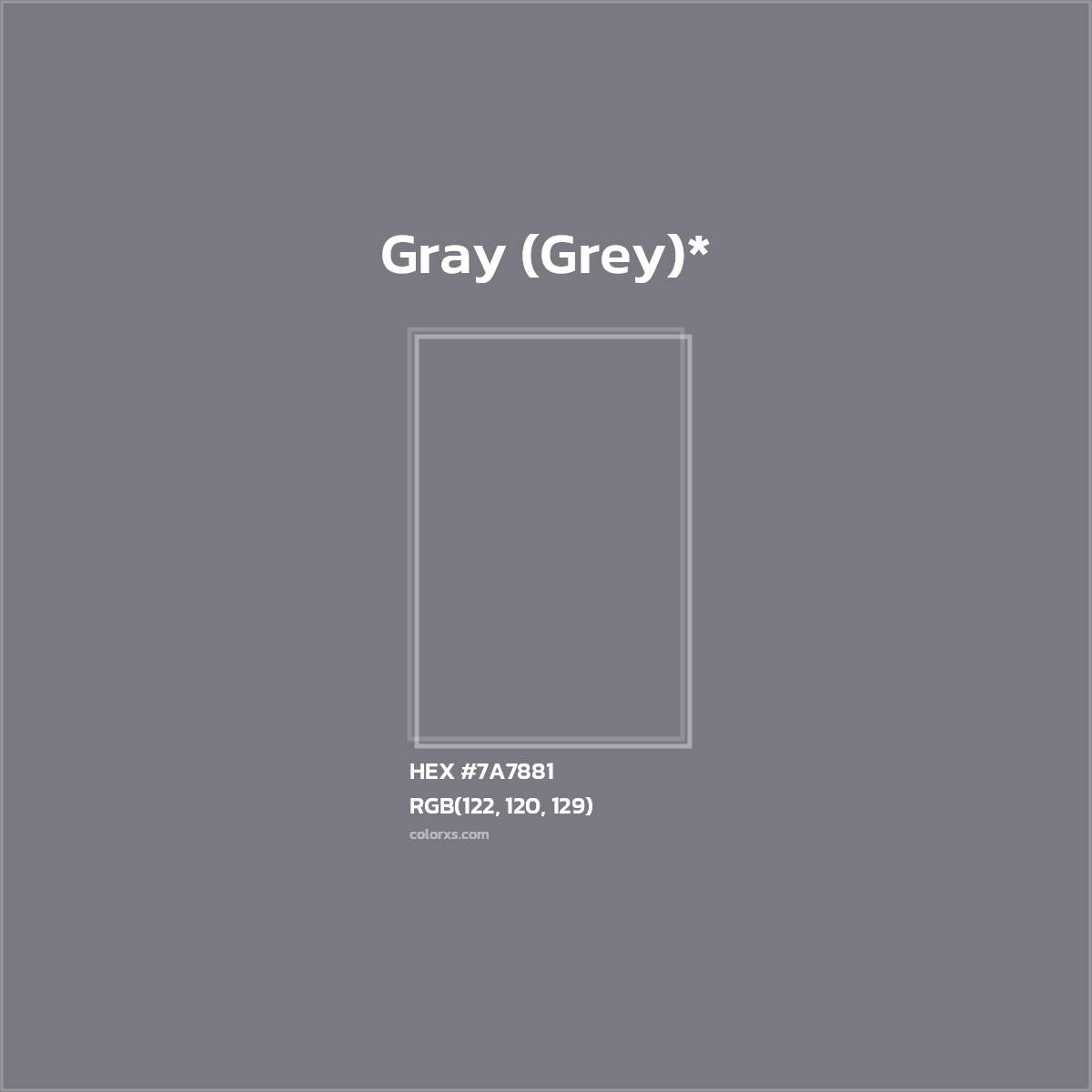 #7A7881 hex color. RGB, RYB, CMYK, HSL, HSV codes and color conversions. Matching color names, palettes, paints.