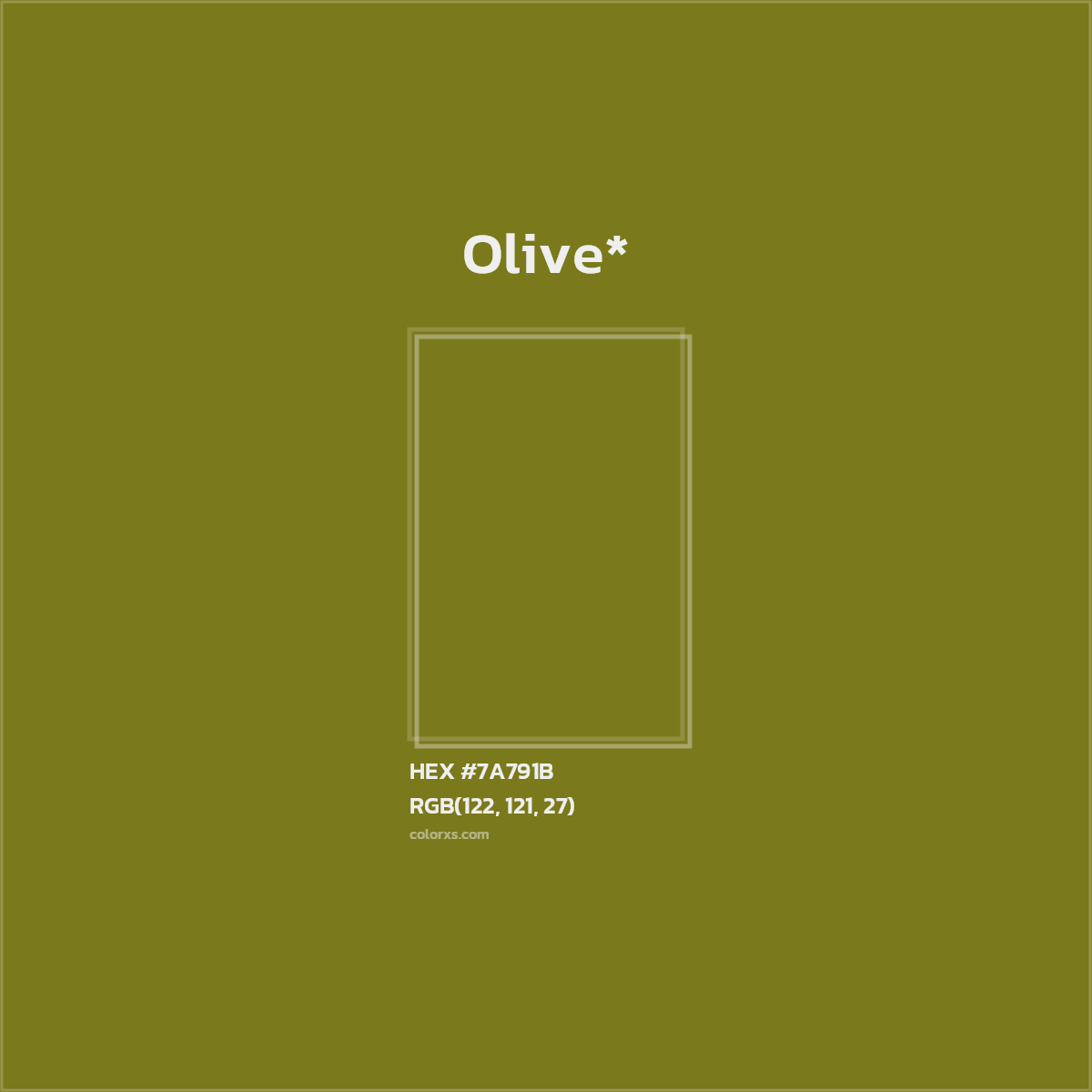 #7A791B hex color. RGB, RYB, CMYK, HSL, HSV codes and color conversions. Matching color names, palettes, paints.