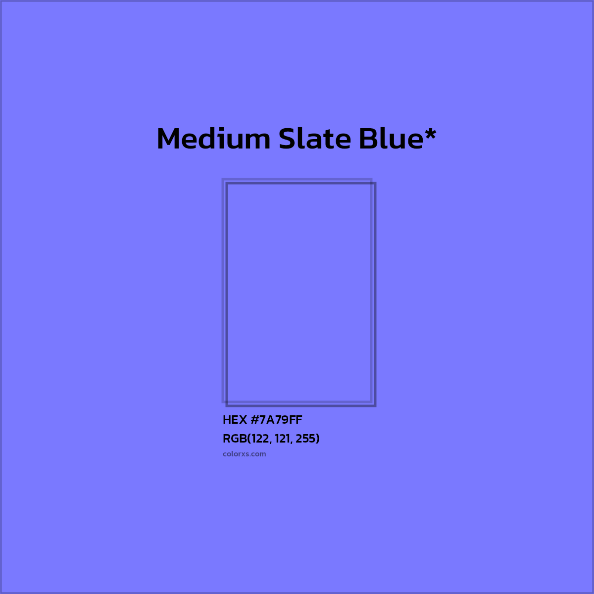 #7A79FF hex color. RGB, RYB, CMYK, HSL, HSV codes and color conversions. Matching color names, palettes, paints.