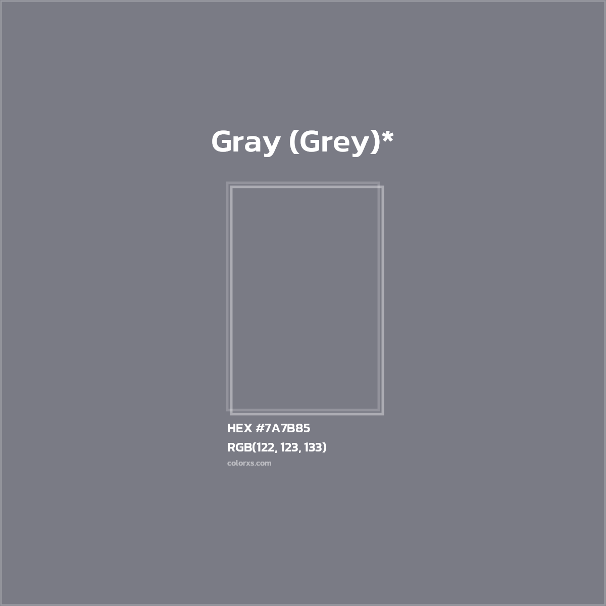#7A7B85 hex color. RGB, RYB, CMYK, HSL, HSV codes and color conversions. Matching color names, palettes, paints.