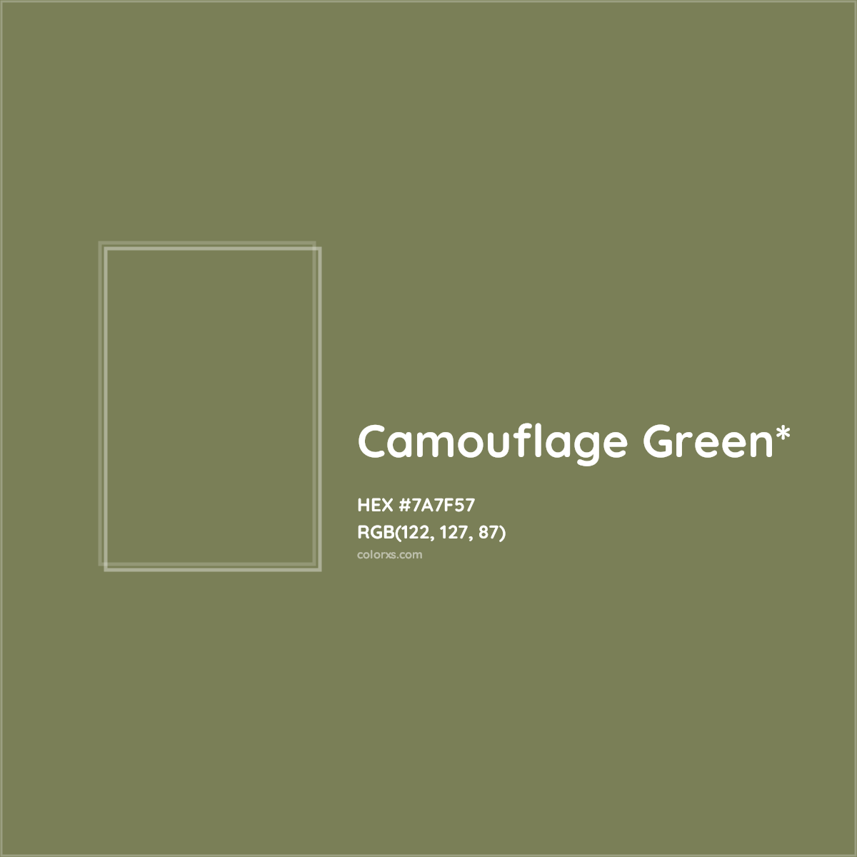 #7A7F57 hex color. RGB, RYB, CMYK, HSL, HSV codes and color conversions. Matching color names, palettes, paints.