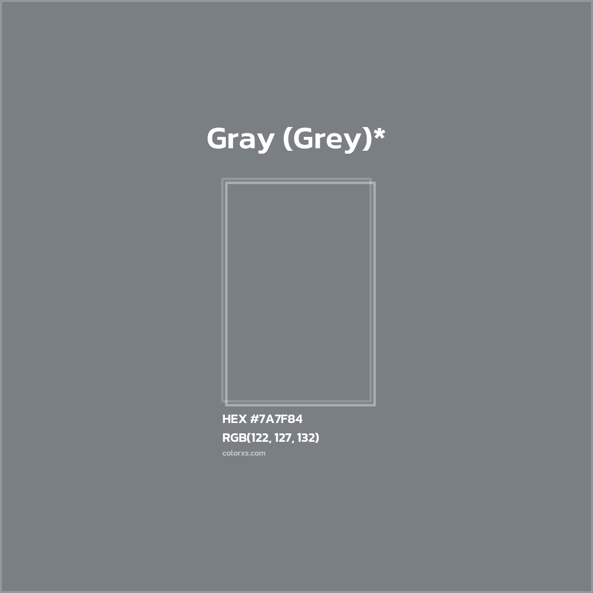 #7A7F84 hex color. RGB, RYB, CMYK, HSL, HSV codes and color conversions. Matching color names, palettes, paints.