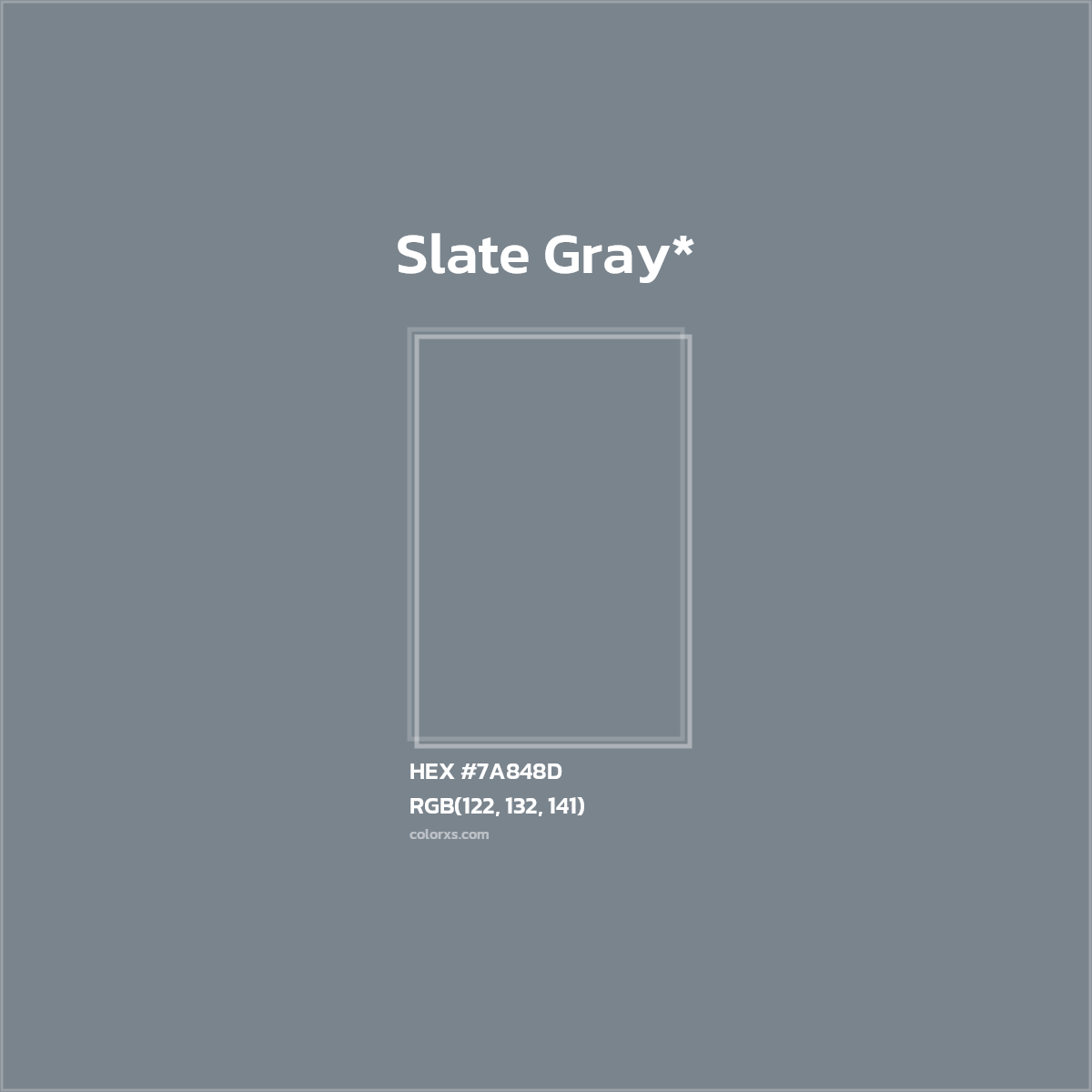 #7A848D hex color. RGB, RYB, CMYK, HSL, HSV codes and color conversions. Matching color names, palettes, paints.