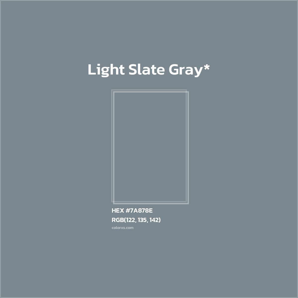 #7A878E hex color. RGB, RYB, CMYK, HSL, HSV codes and color conversions. Matching color names, palettes, paints.