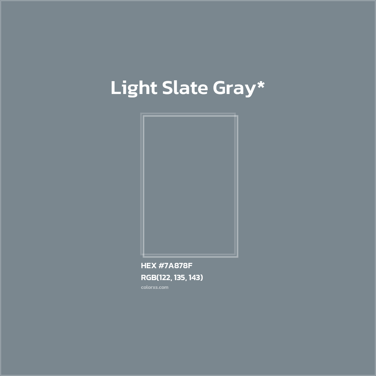 #7A878F hex color. RGB, RYB, CMYK, HSL, HSV codes and color conversions. Matching color names, palettes, paints.