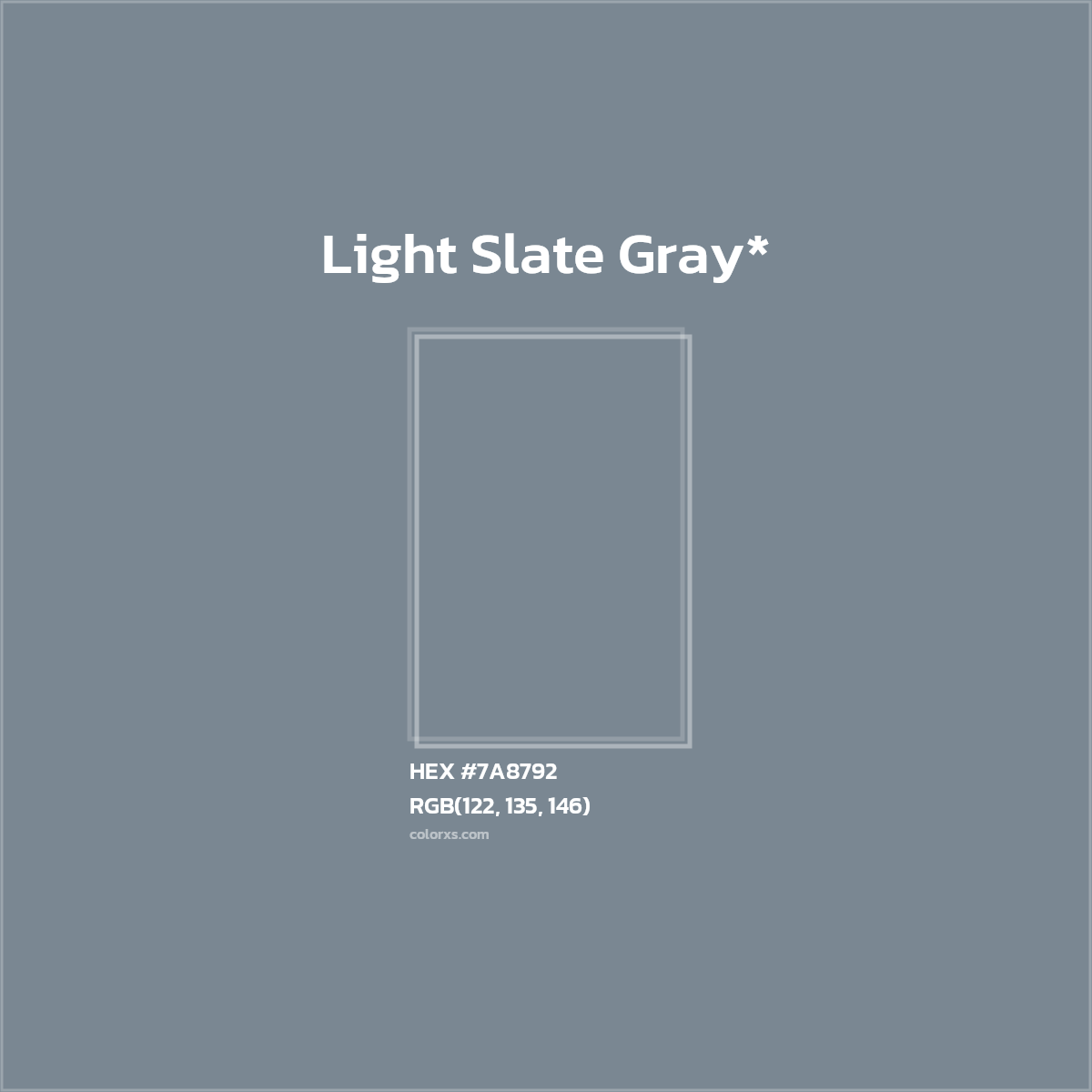 #7A8792 hex color. RGB, RYB, CMYK, HSL, HSV codes and color conversions. Matching color names, palettes, paints.
