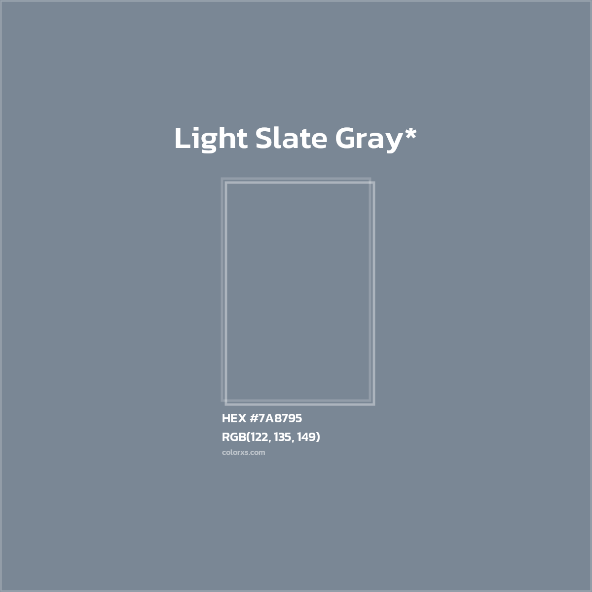 #7A8795 hex color. RGB, RYB, CMYK, HSL, HSV codes and color conversions. Matching color names, palettes, paints.