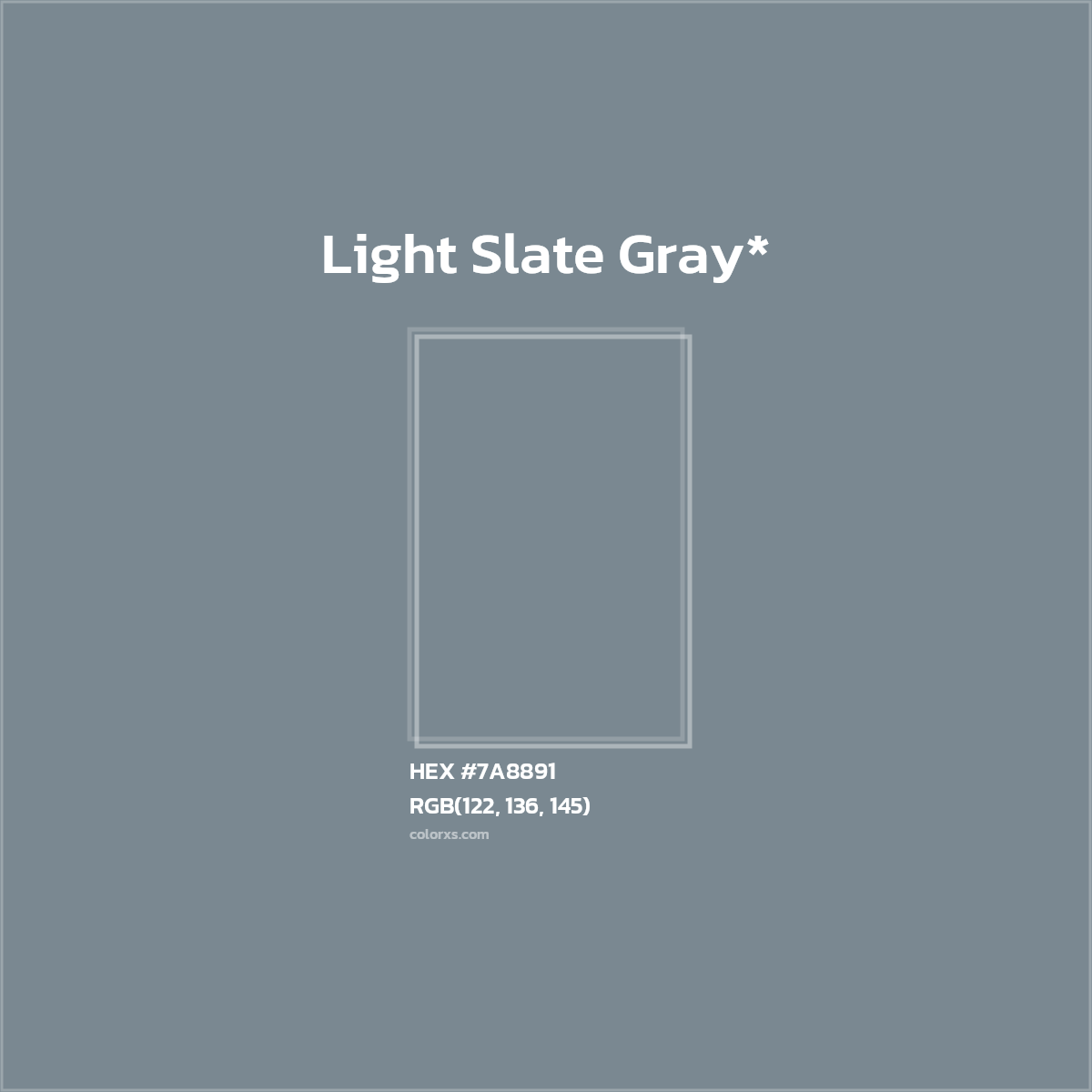 #7A8891 hex color. RGB, RYB, CMYK, HSL, HSV codes and color conversions. Matching color names, palettes, paints.