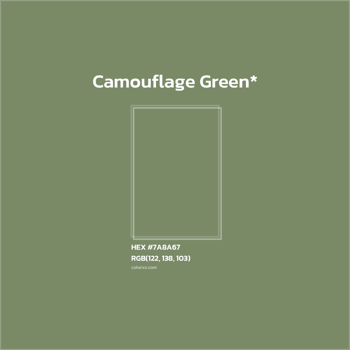 #7A8A67 hex color. RGB, RYB, CMYK, HSL, HSV codes and color conversions. Matching color names, palettes, paints.