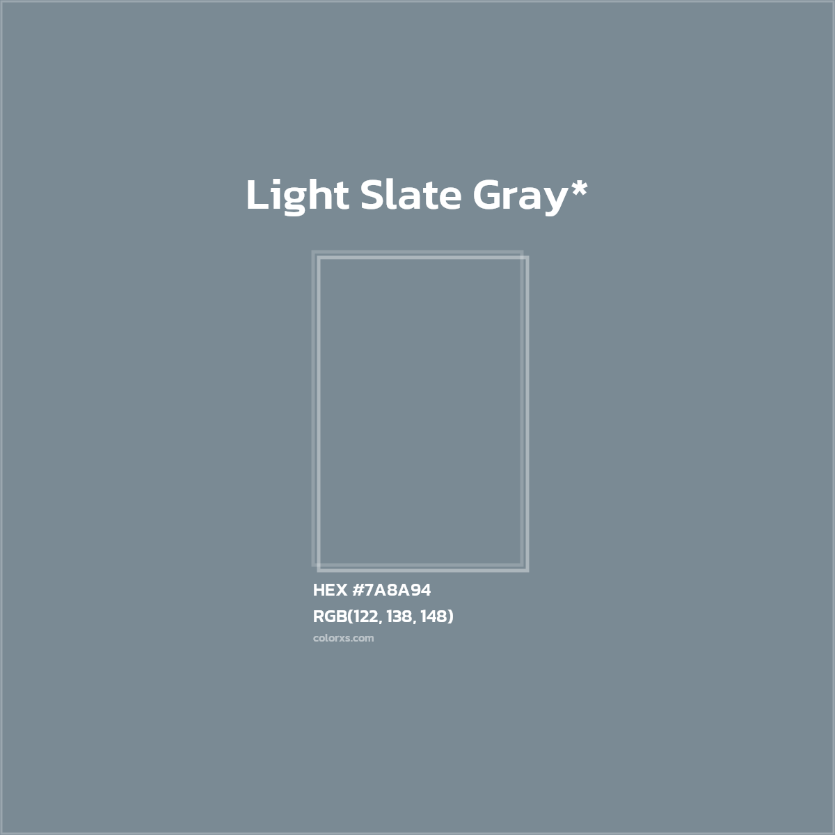 #7A8A94 hex color. RGB, RYB, CMYK, HSL, HSV codes and color conversions. Matching color names, palettes, paints.