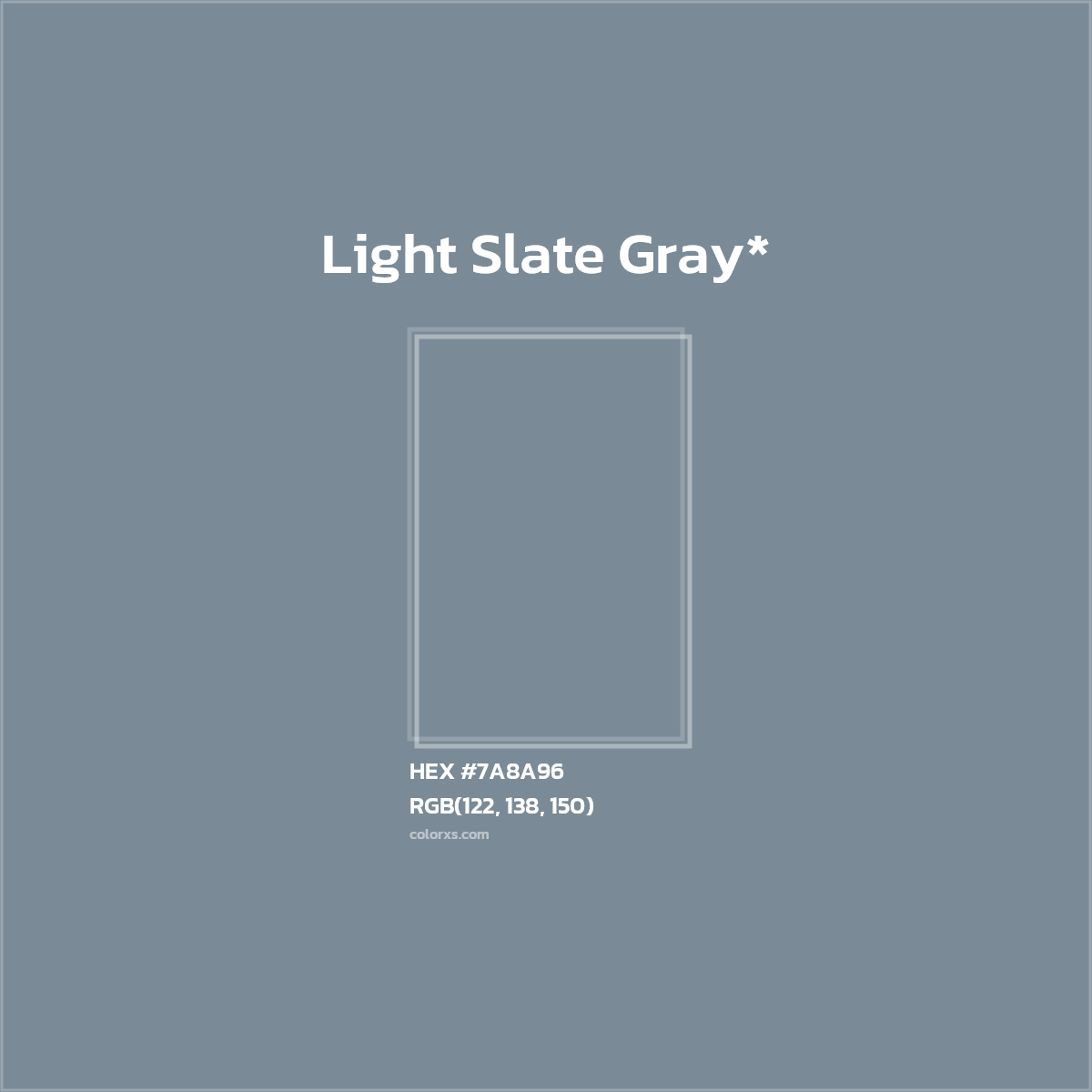 #7A8A96 hex color. RGB, RYB, CMYK, HSL, HSV codes and color conversions. Matching color names, palettes, paints.