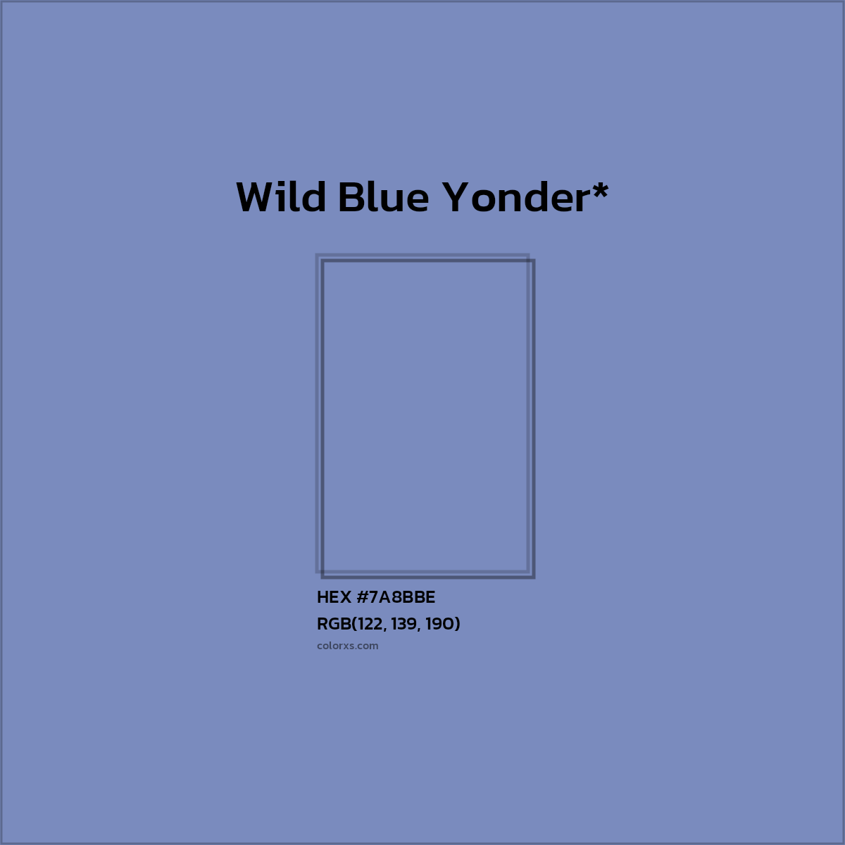 #7A8BBE hex color. RGB, RYB, CMYK, HSL, HSV codes and color conversions. Matching color names, palettes, paints.