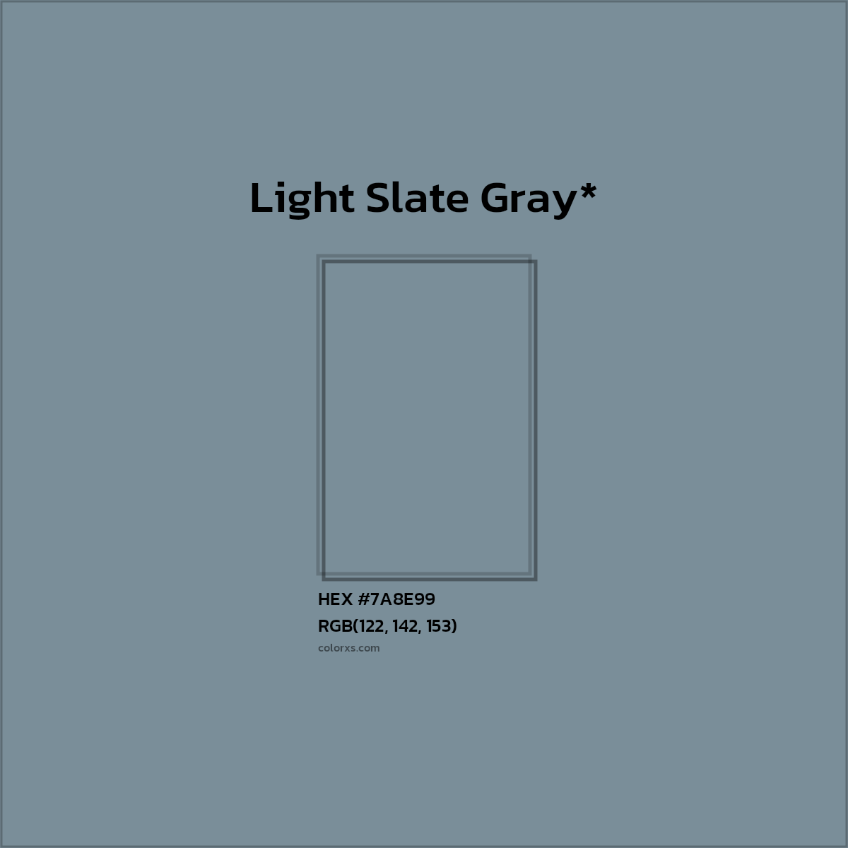 #7A8E99 hex color. RGB, RYB, CMYK, HSL, HSV codes and color conversions. Matching color names, palettes, paints.