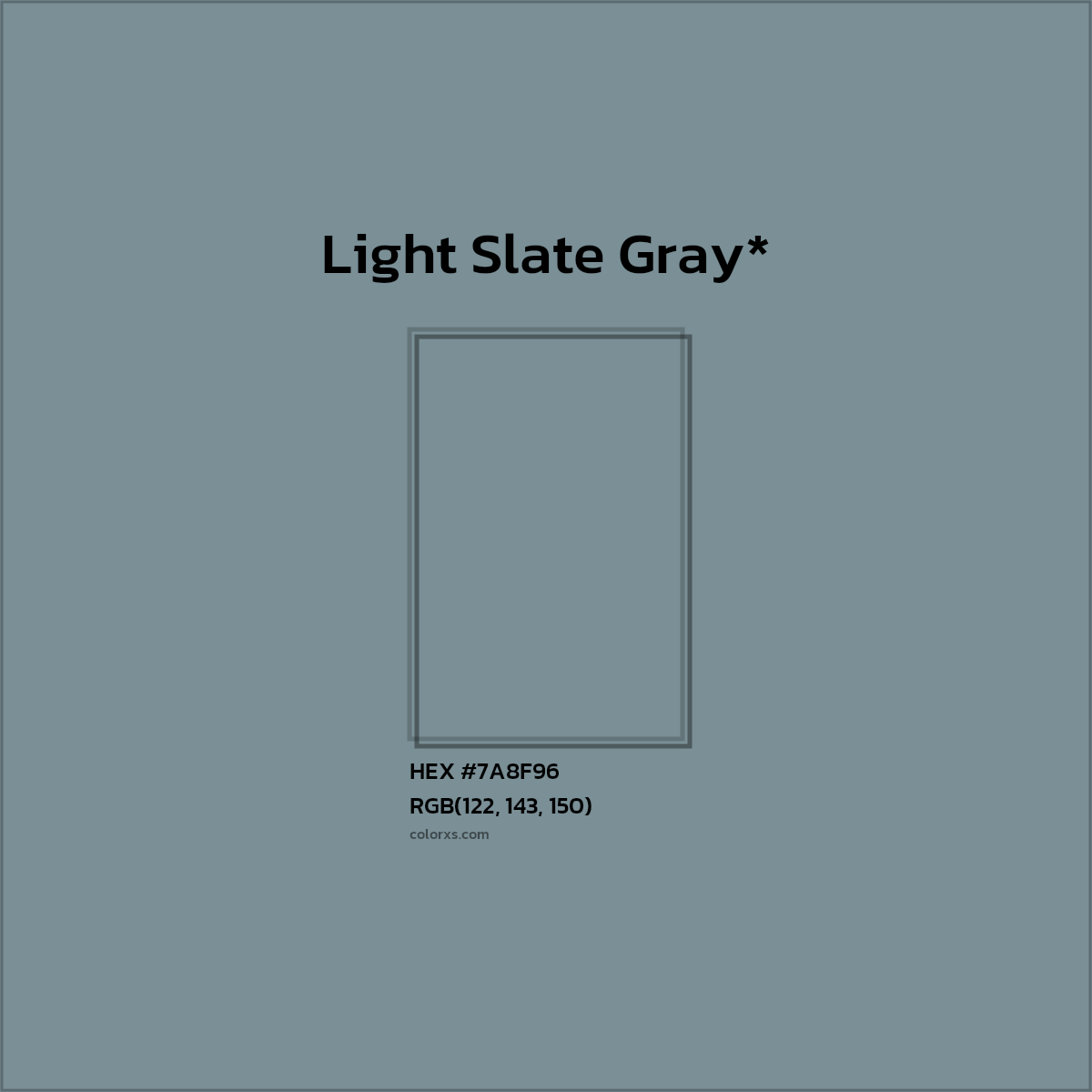 #7A8F96 hex color. RGB, RYB, CMYK, HSL, HSV codes and color conversions. Matching color names, palettes, paints.