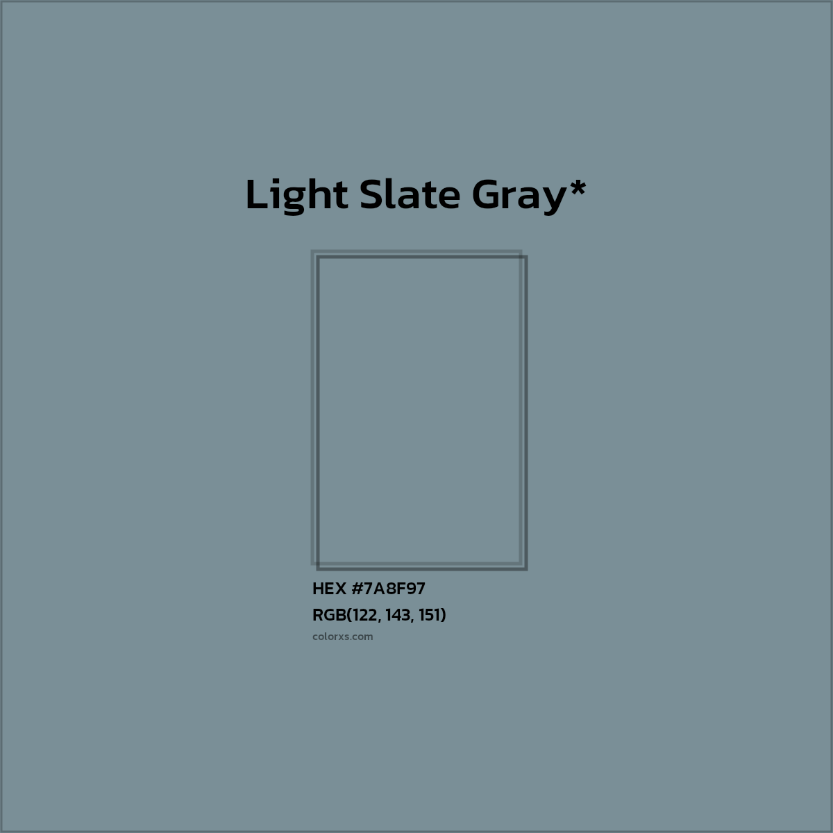 #7A8F97 hex color. RGB, RYB, CMYK, HSL, HSV codes and color conversions. Matching color names, palettes, paints.