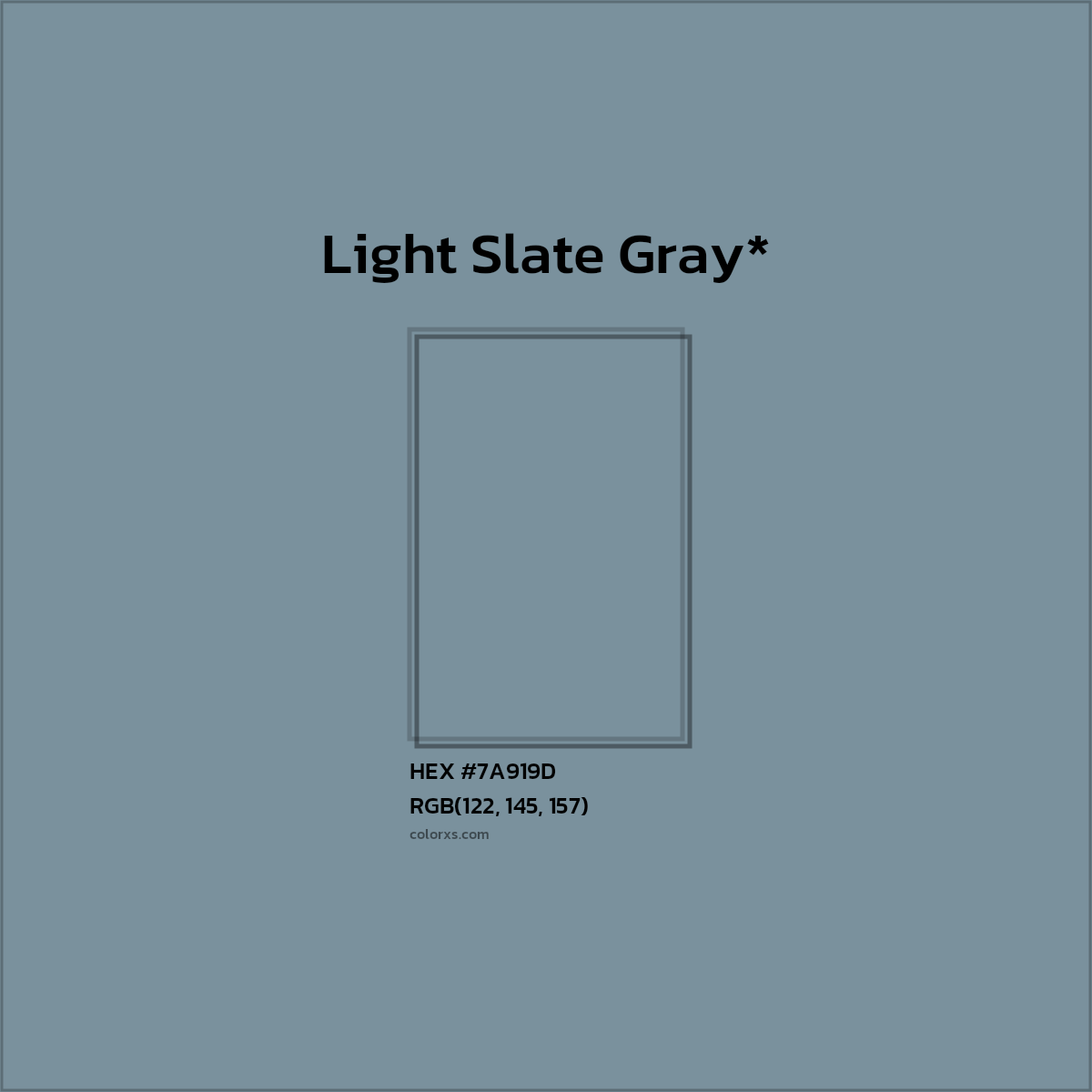 #7A919D hex color. RGB, RYB, CMYK, HSL, HSV codes and color conversions. Matching color names, palettes, paints.