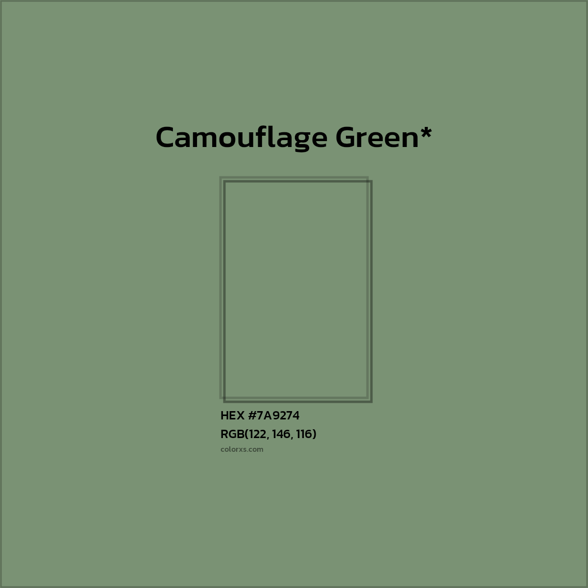 #7A9274 hex color. RGB, RYB, CMYK, HSL, HSV codes and color conversions. Matching color names, palettes, paints.