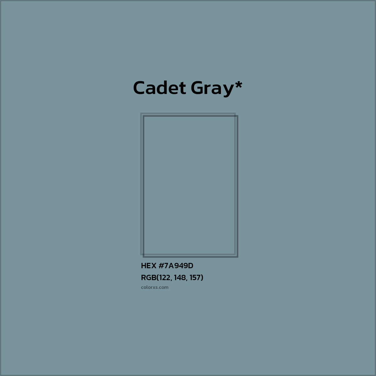 #7A949D hex color. RGB, RYB, CMYK, HSL, HSV codes and color conversions. Matching color names, palettes, paints.