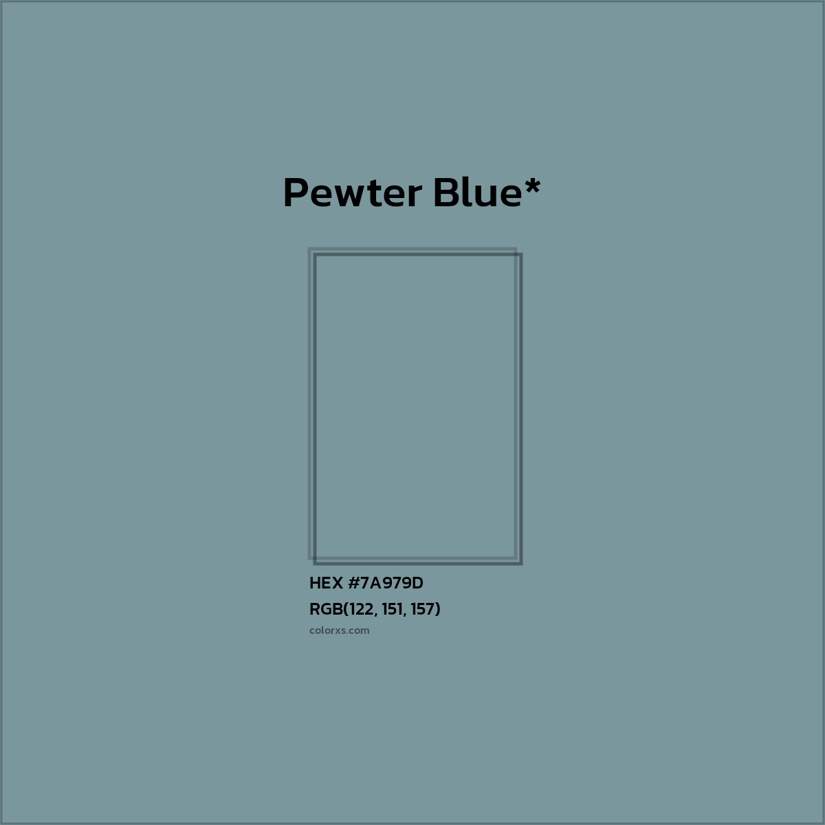 #7A979D hex color. RGB, RYB, CMYK, HSL, HSV codes and color conversions. Matching color names, palettes, paints.