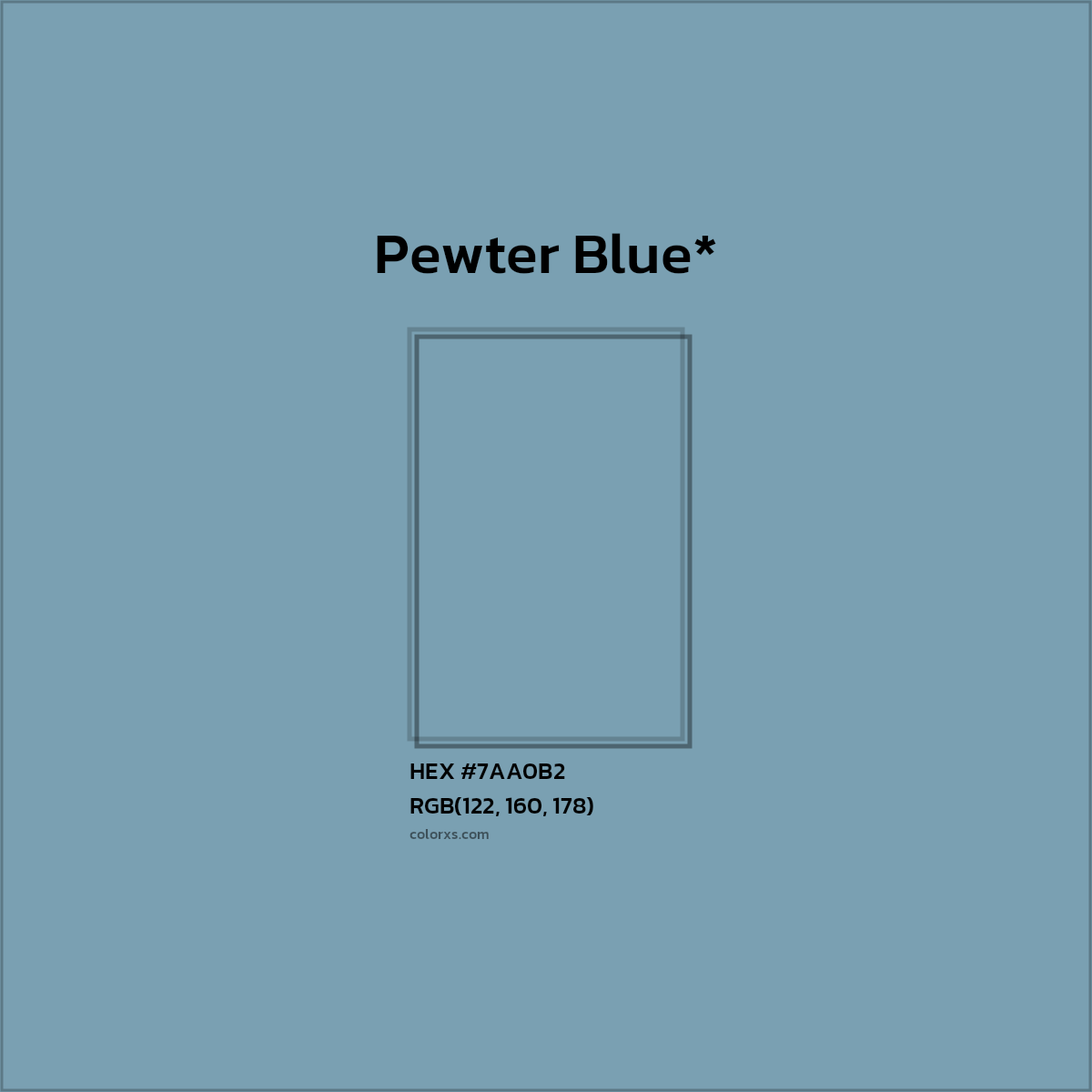 #7AA0B2 hex color. RGB, RYB, CMYK, HSL, HSV codes and color conversions. Matching color names, palettes, paints.