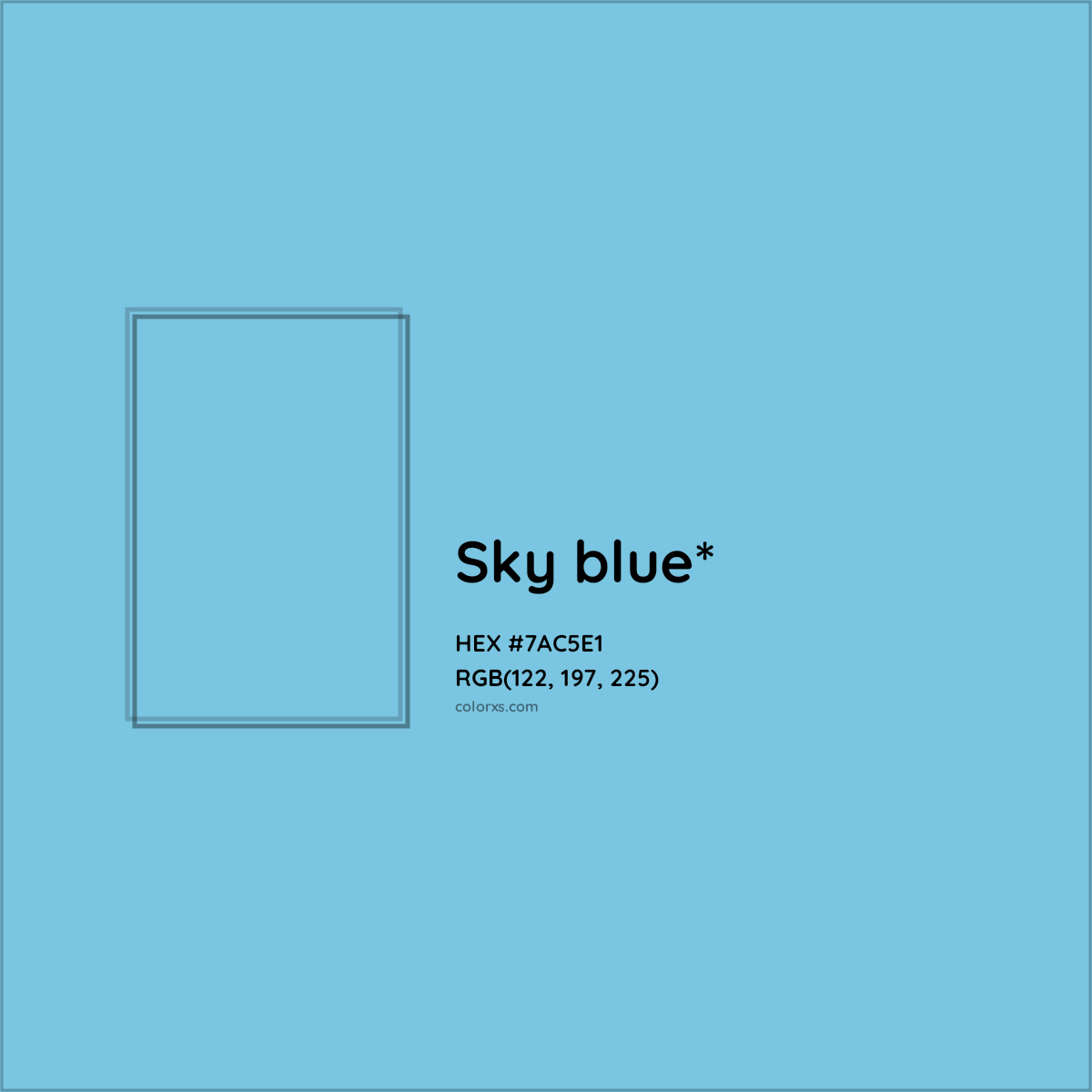 #7AC5E1 hex color. RGB, RYB, CMYK, HSL, HSV codes and color conversions. Matching color names, palettes, paints.