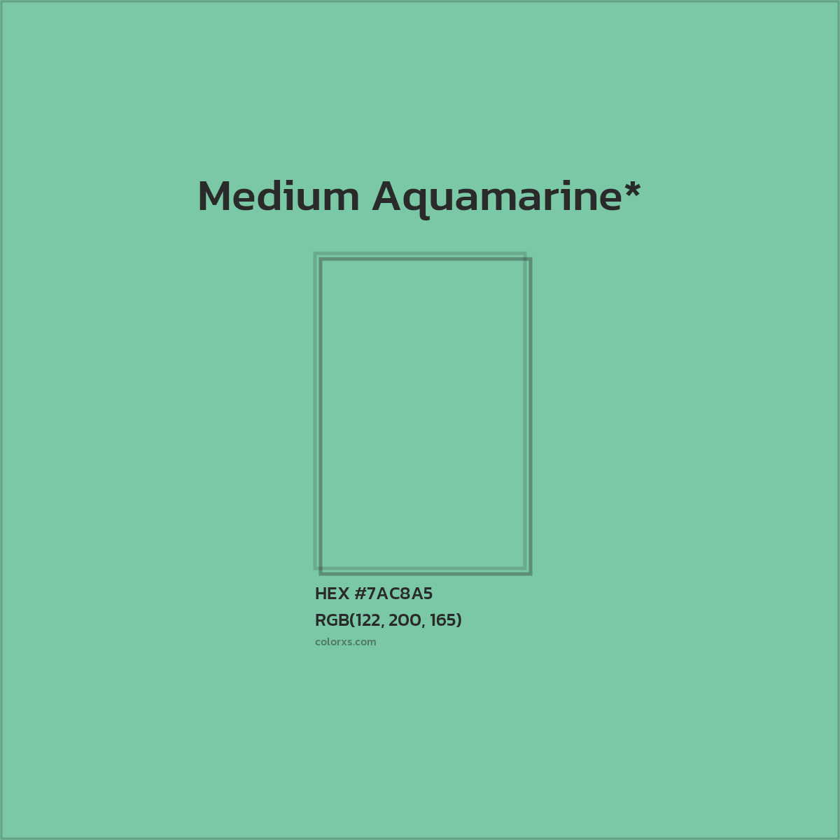 #7AC8A5 hex color. RGB, RYB, CMYK, HSL, HSV codes and color conversions. Matching color names, palettes, paints.