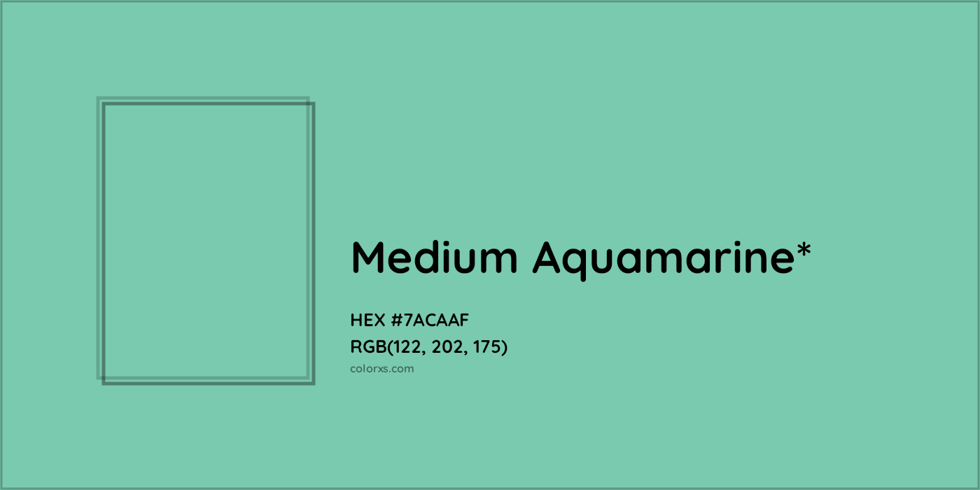 #7ACAAF hex color. RGB, RYB, CMYK, HSL, HSV codes and color conversions. Matching color names, palettes, paints.