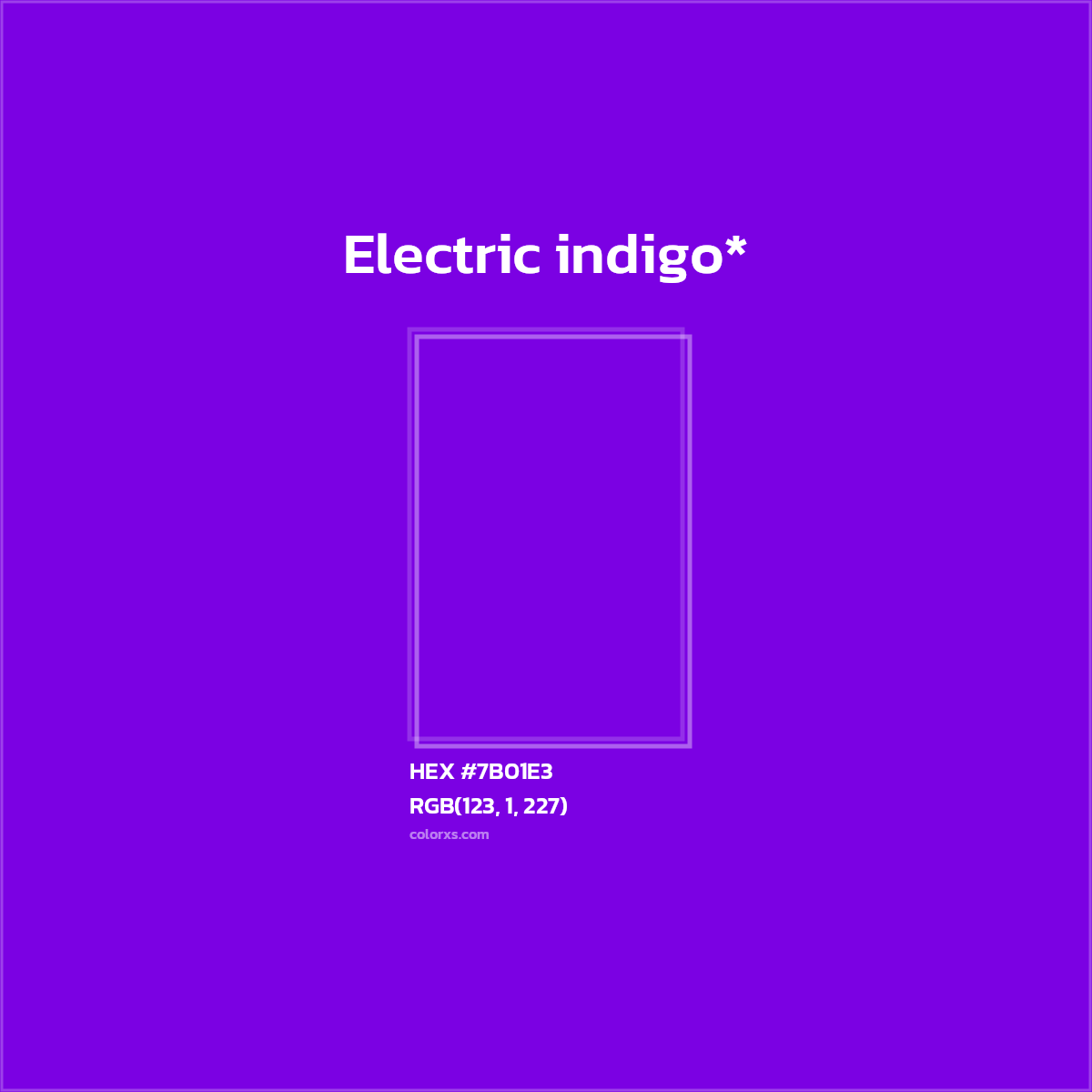 #7B01E3 hex color. RGB, RYB, CMYK, HSL, HSV codes and color conversions. Matching color names, palettes, paints.