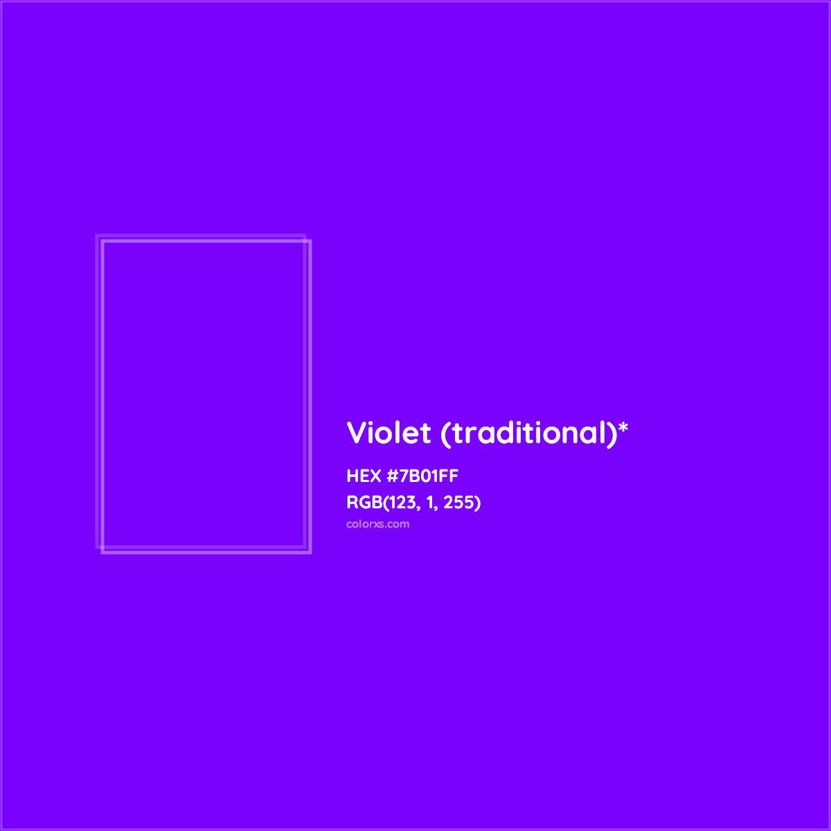 #7B01FF hex color. RGB, RYB, CMYK, HSL, HSV codes and color conversions. Matching color names, palettes, paints.