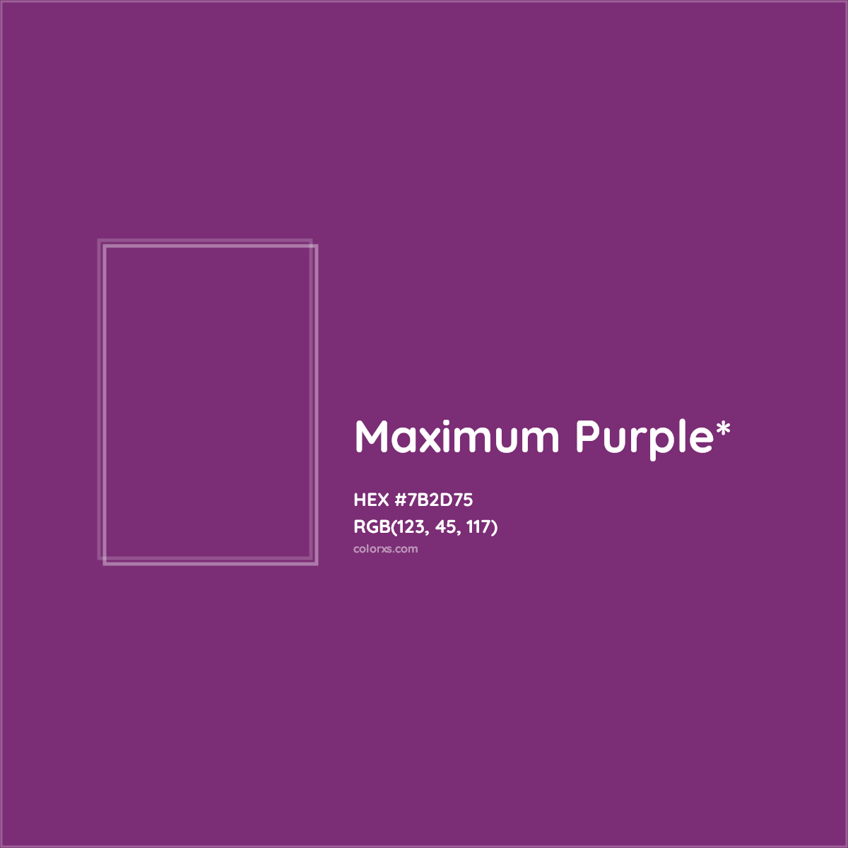 #7B2D75 hex color. RGB, RYB, CMYK, HSL, HSV codes and color conversions. Matching color names, palettes, paints.