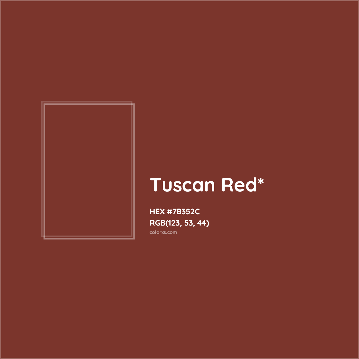 #7B352C hex color. RGB, RYB, CMYK, HSL, HSV codes and color conversions. Matching color names, palettes, paints.