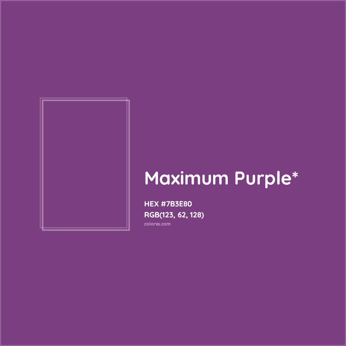 #7B3E80 hex color. RGB, RYB, CMYK, HSL, HSV codes and color conversions. Matching color names, palettes, paints.